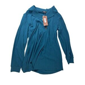Gagaru womens Teal Long Sleeve top M Boho Button Pullover Pleated Front New